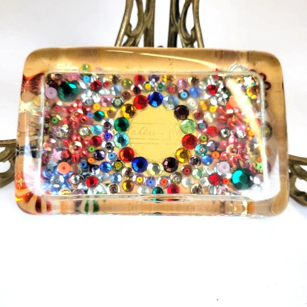 Vintage Lucite Paperweight Multicolored Rhinestones Beads Felt Backing 4